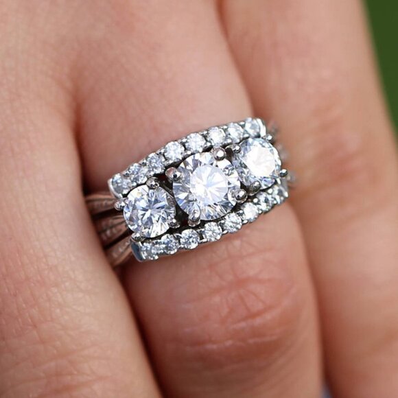 925 Silver Plated Hollow Shiny 3 Layers Prong CZ Ring, MARR9358 - Picture 1 of 7